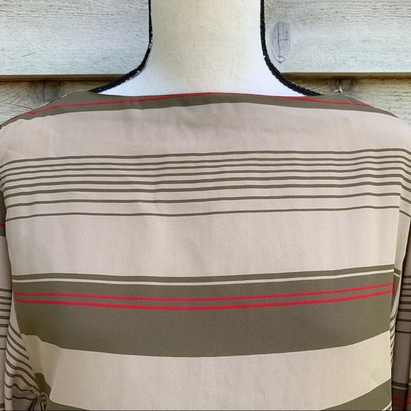 Vintage 80s Tan Striped Boat Neck Collarless Long Sleeve Popover Semi Sheer Top - Picture 6 of 16